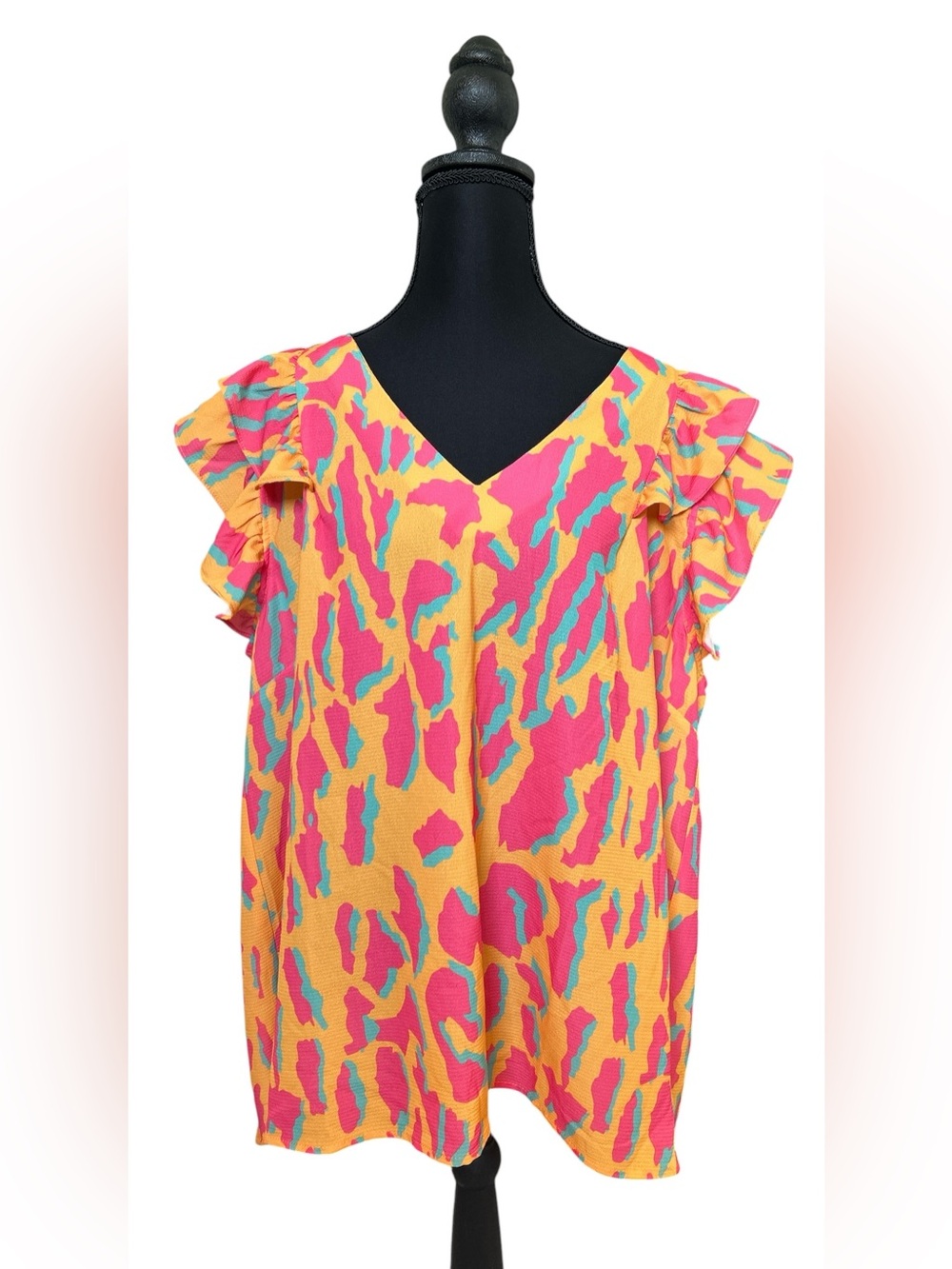 Umgee Yellow & Pink V-Neck Ruffle Sleeve Blouse